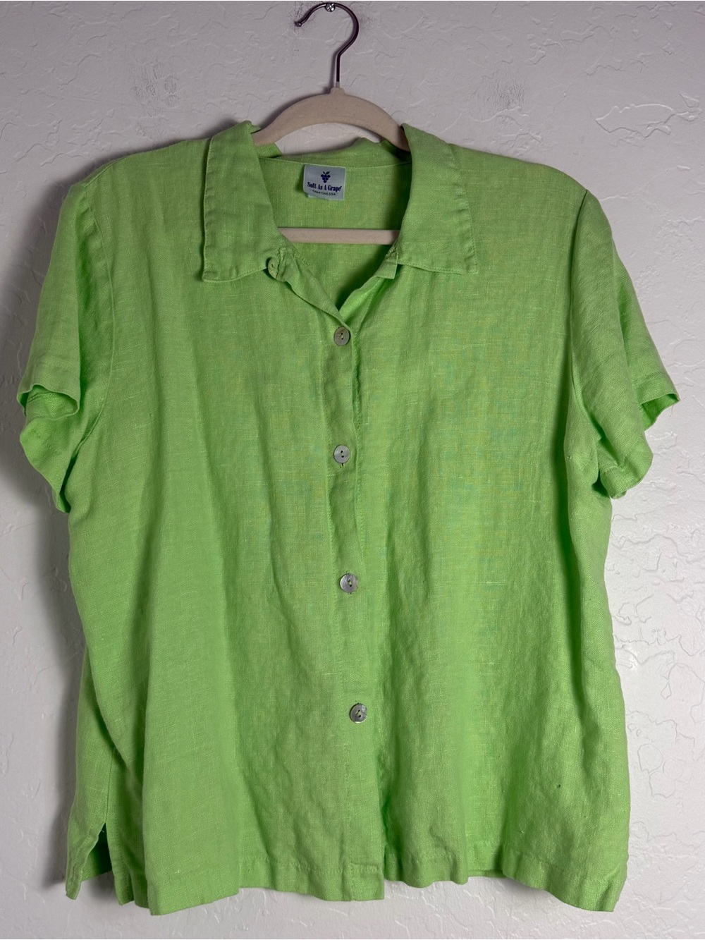 Soft As a Grape Womens Large Button-Up Shirt Lime Green 100% Linen Short Sleeve